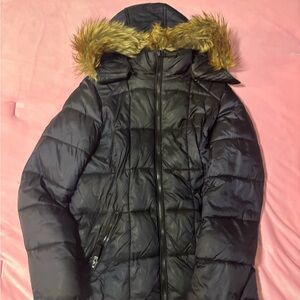 Women's Navy Puffer Jacket with Faux Fur Hood